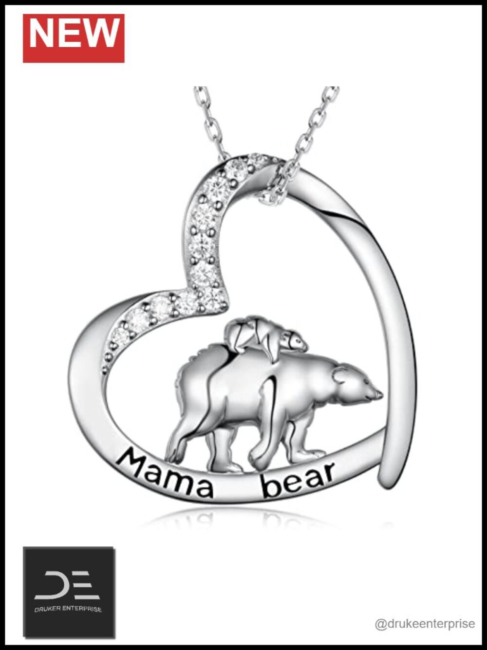 Sterling Silver Mama Bear Heart CZ Pendant Necklace Gift for Mom